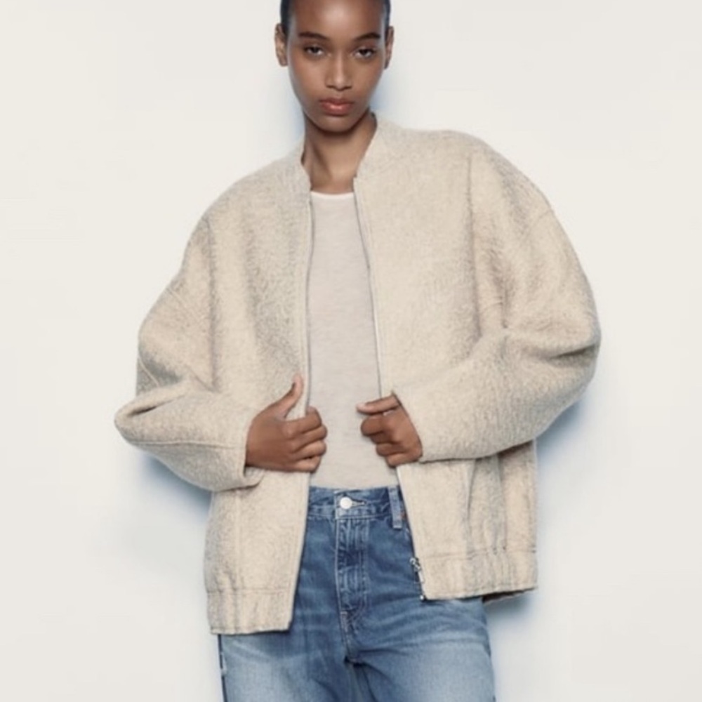 Zara Blogger Favorite Boucle Bomber Jacket Zip Cream Fuzzy Size XS - Small - Picture 3 of 12